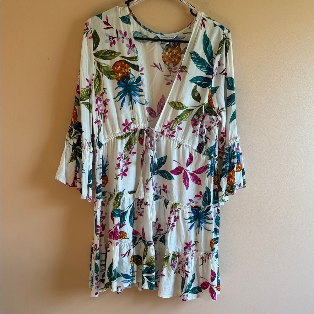 blue island White Cover-Up with Teal and Orange Floral Print